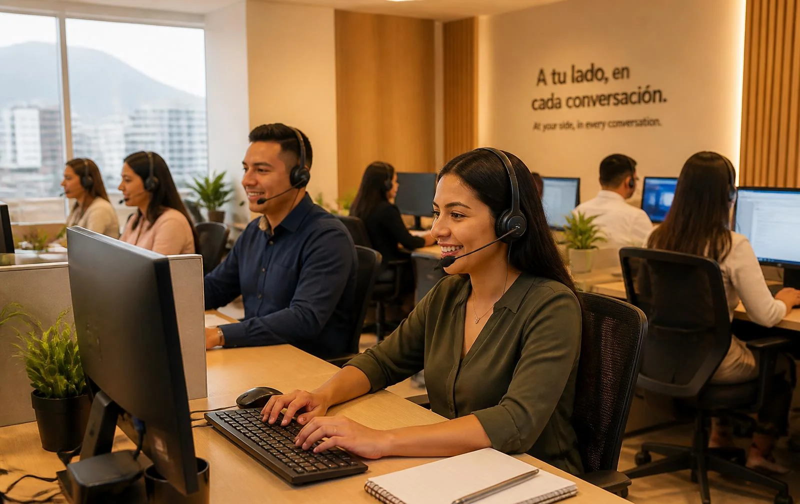 Call center agents from Peru working with headsets on a modern operations floor