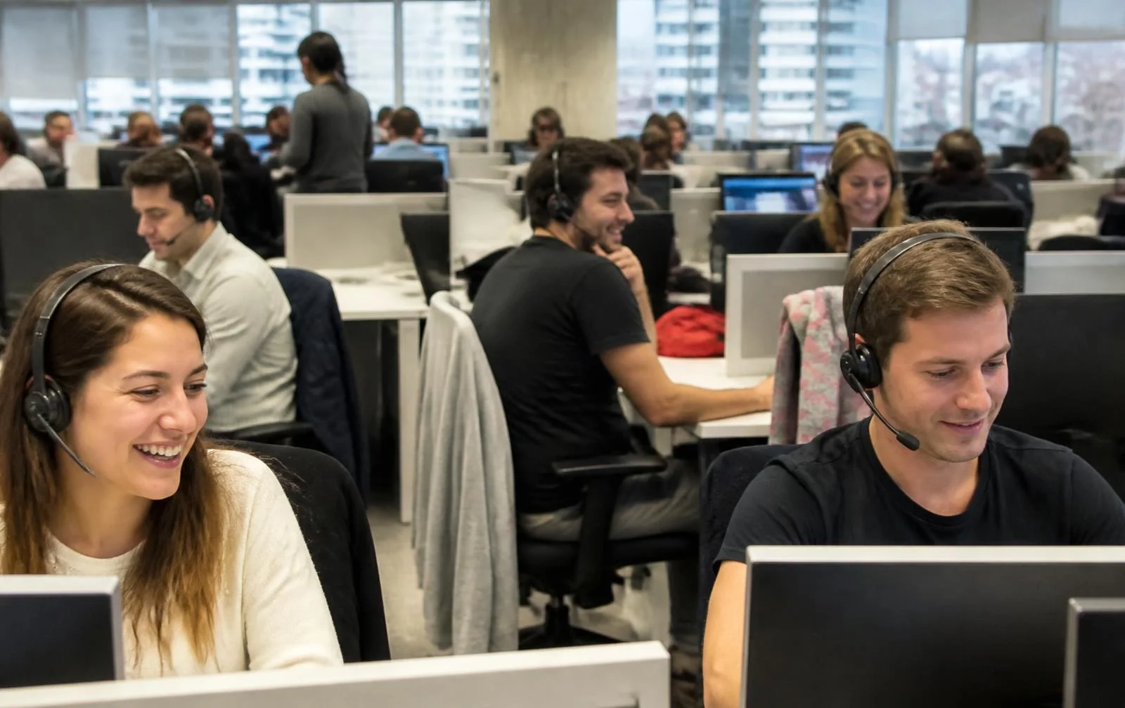Call center agents from Argentina working with headsets on a modern operations floor